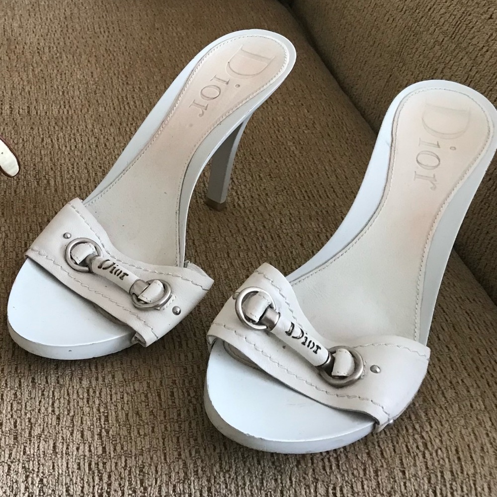 Dior White Cream Leather Open-Toe Mule Heels